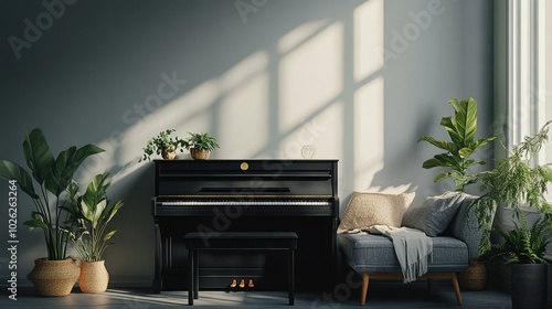 Scandinavian interior with a gray sofa, black piano, wooden commode, and tropical plant accents. A minimalist space with elegant home accessories.
