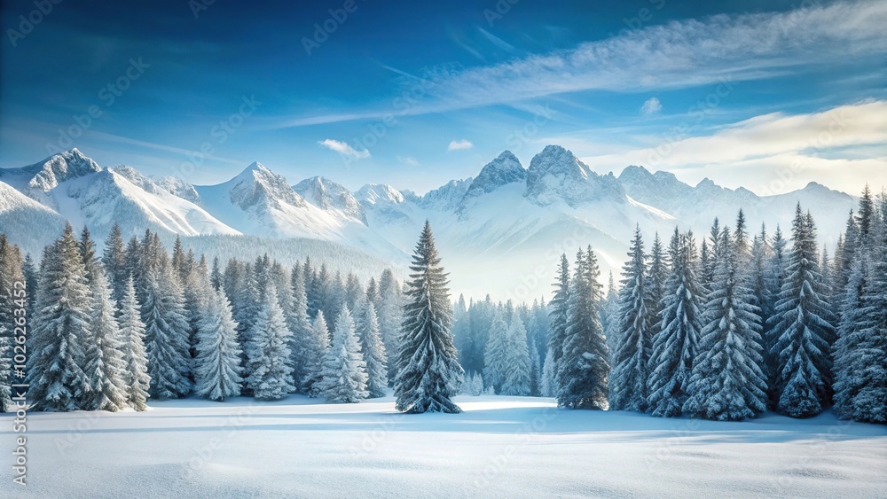 Minimalist winter forest with snow capped mountains in background Minimalist winter forest with snow capped mountains in background