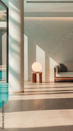 A serene room enhances relaxation  featuring a round lamp on a wooden table beside a sofa