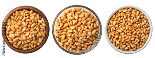 Top view Pine nuts in bowl on white background