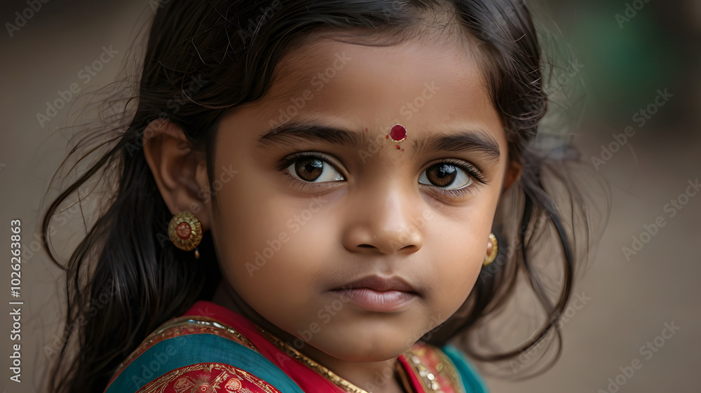 Portrait of a child, a young girl with a mischievous grin, her eyes sparkling with curiosity Portrait of a child, a young girl with a mischievous grin, her eyes sparkling with curiosity