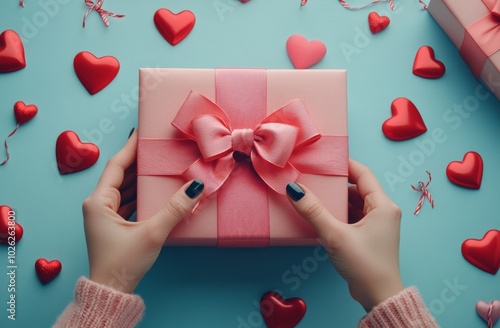 Celebrating love with a beautifully wrapped gift surrounded by heart decorati...