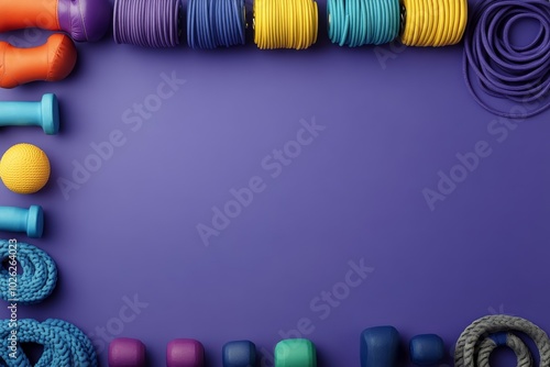 Collection of vibrant purple and blue workout gear arranged neatly on a purpl...