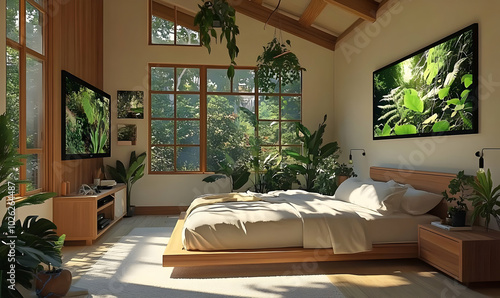 Cozy Bedroom with Plants and Modern Decor