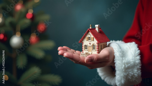 Santa Claus' hand holding a toy house on the background of a Christmas tree photo