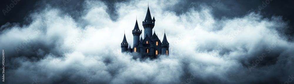Mysterious castle emerging from dark clouds on a stormy night Mysterious castle emerging from dark clouds on a stormy night