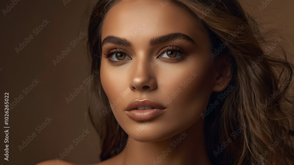 Beautiful brunette model with long curly hair, striking eyes, and flawless skin, posing in a glamorous studio setting Beautiful brunette model with long curly hair, striking eyes, and flawless skin, posing in a glamorous studio setting
