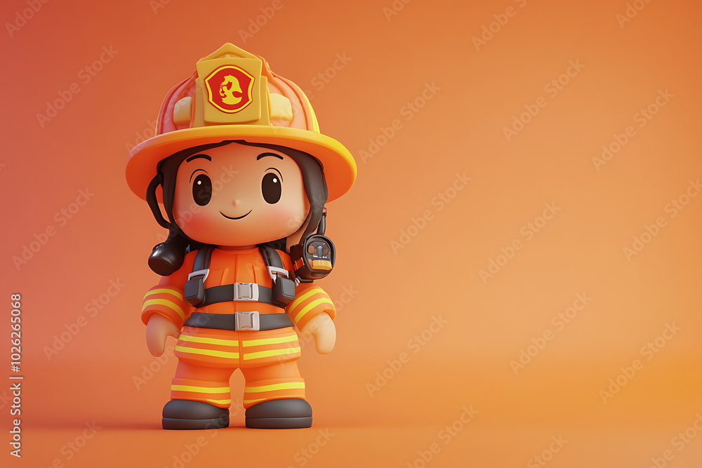 A cute firefighter character in orange uniform and helmet, set against an orange background. A cute firefighter character in orange uniform and helmet, set against an orange background.