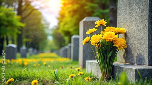 Fototapeta Naklejka Na Ścianę i Meble -  Minimalist yellow flowers growing next to a gravestone in a cemetery during springtime