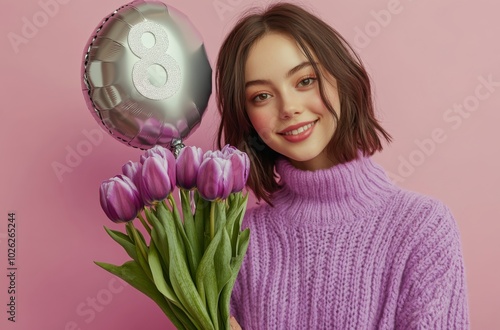 Young woman celebrates special occasion with flowers and a balloon in front o...