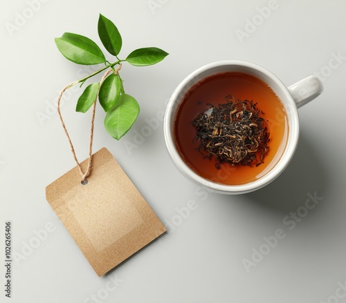 A steaming cup of herbal tea with a bag steeping, surrounded by fresh green l...