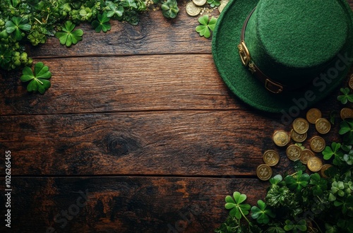 Decorative green hat with shamrocks and gold coins for St. Patricks Day celeb...