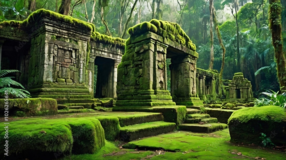 moss-covered ancient ruins in a rainforest moss-covered ancient ruins in a rainforest