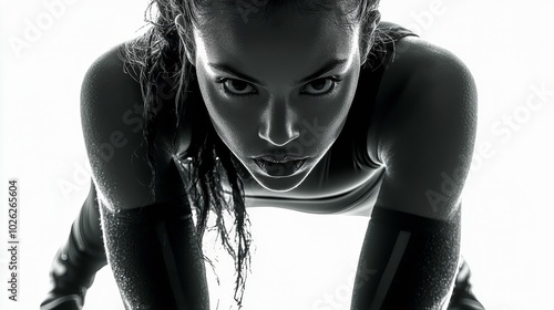 Athlete in starting position, preparing for a sprint on a track with intense ...