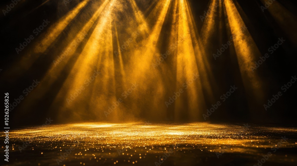 Golden light rays on a black background with glitter Perfect for product displays overlays and design projects Golden light rays on a black background with glitter Perfect for product displays overlays and design projects