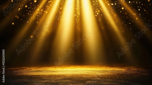 Obraz na płótnie Golden spotlight illuminating a dark stage, soft beams spreading outwards, elegant and regal mood w salonie