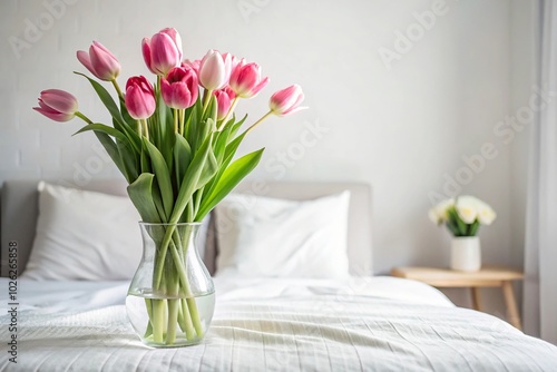 Minimalistic bedroom decor with tulip flowers in vase close-up