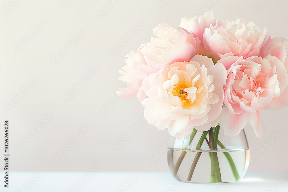 A bouquet of soft pink peonies in a clear glass vase graces a simple, white background, adding a touch of elegance and freshness to the space, perfect for home decor A bouquet of soft pink peonies in a clear glass vase graces a simple, white background, adding a touch of elegance and freshness to the space, perfect for home decor