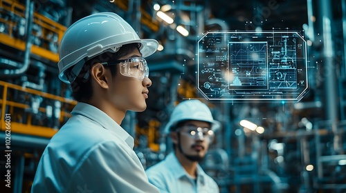 A visually striking digital composition showcasing two engineers in protective hard hats, inspecting and maintaining equipment at an oil and gas production plant