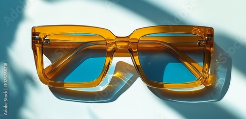 Bright orange sunglasses with blue lenses resting on a sunlit surface with sh...