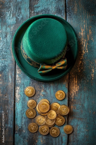 Green felt hat with a bow tie and gold coins on a rustic wooden surface for S...