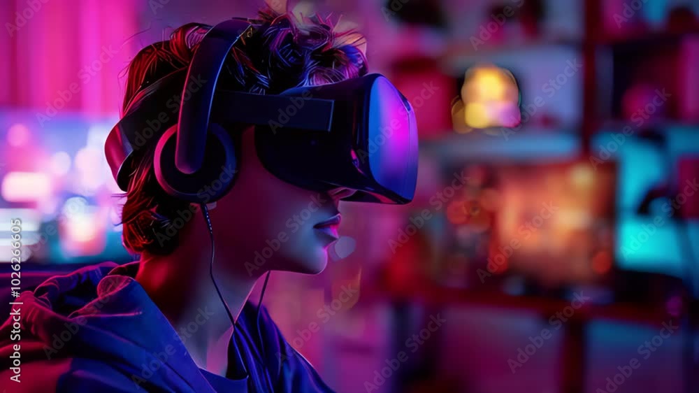 Girl Wearing a VR Headset Immersed in a Virtual Reality Gaming Experience with Neon Lights in the Background Girl Wearing a VR Headset Immersed in a Virtual Reality Gaming Experience with Neon Lights in the Background