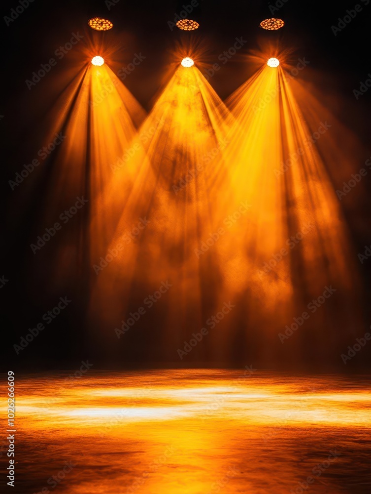 An image of three stage spotlights with smoke and haze on a black background. The lights are pointed down and create a dramatic effect