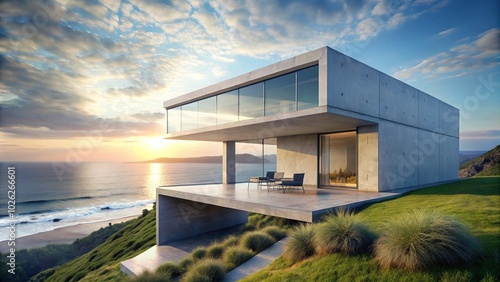 Minimalistic concrete seaside house giving clean and weightless sensations photo