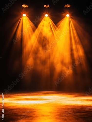 Obraz na płótnie An image of three stage spotlights with smoke and haze on a black background. The lights are pointed down and create a dramatic effect w salonie