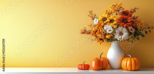 Autumn floral arrangement with pumpkins against a warm yellow background in c...