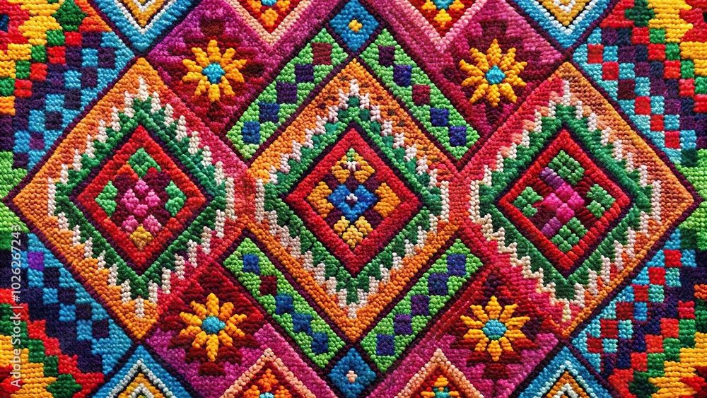 Colorful fabric design with intricate motifs close-up Colorful fabric design with intricate motifs close-up