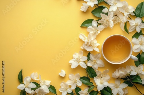 A serene cup of tea surrounded by delicate flowers on a bright yellow background