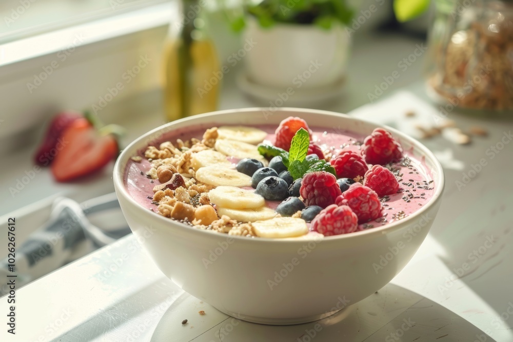 Fresh smoothie bowl with berries, banana, and granola in sunlit kitchen Fresh smoothie bowl with berries, banana, and granola in sunlit kitchen