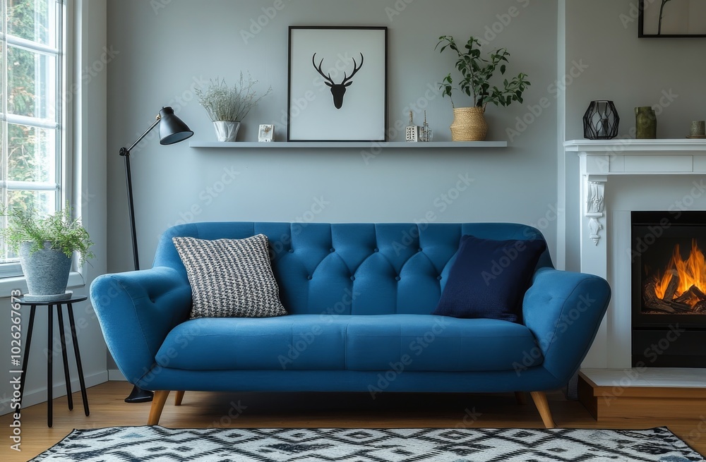 Fototapeta premium Cozy living room with a blue couch, fireplace, and decorative elements in a modern home setting