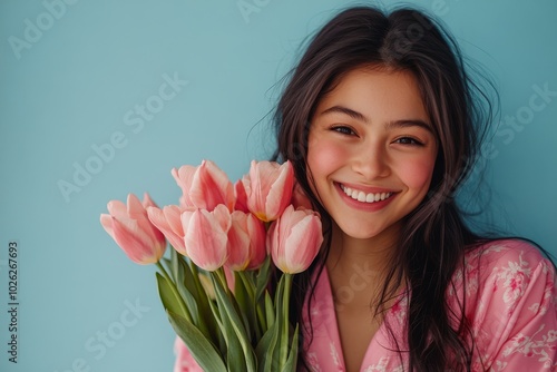 Young woman smiling while holding a bouquet of pink tulips against a blue bac...