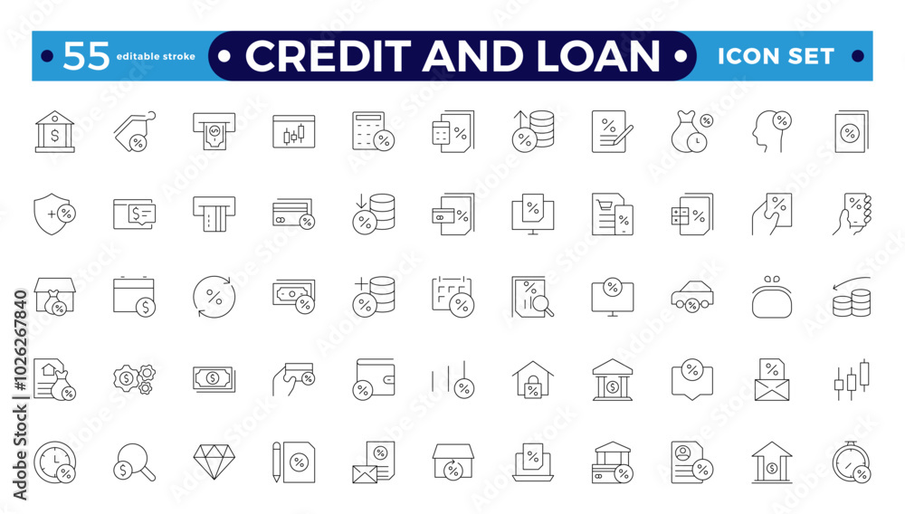 Credit and Loan Outline icons collection. Big UI icon set in a flat design. Credit card, deposit, car leasing, rate interest, calculator, income, rating, collection. Editable stroke outline icon. Credit and Loan Outline icons collection. Big UI icon set in a flat design. Credit card, deposit, car leasing, rate interest, calculator, income, rating, collection. Editable stroke outline icon.