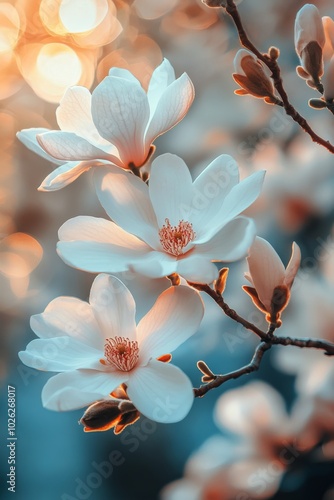 Blossoming magnolia flowers under bright sunlight in a serene spring garden