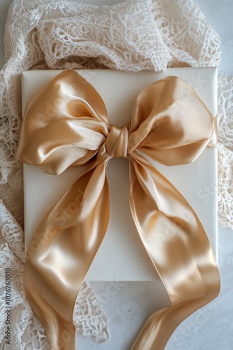 Elegant cream ribbon tied beautifully around a gift box on a soft surface photo