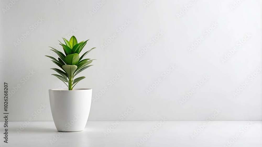 Minimalistic plant in white pot with leading lines on white background Minimalistic plant in white pot with leading lines on white background