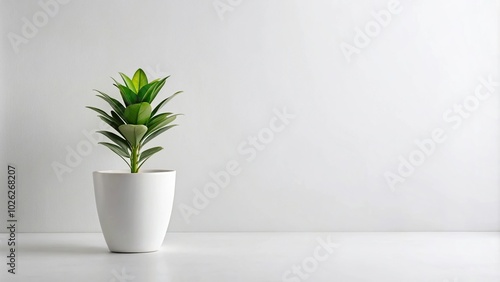 Minimalistic plant in white pot with leading lines on white background