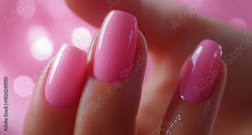 Bright pink manicure showcased on a finger against a vibrant pink background ...