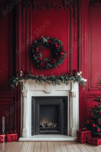 Festive holiday decor featuring a red wall with a wreath and a cozy fireplace setting