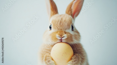 Cute rabbit holding pastel-colored eggs in a soft light setting during spring...
