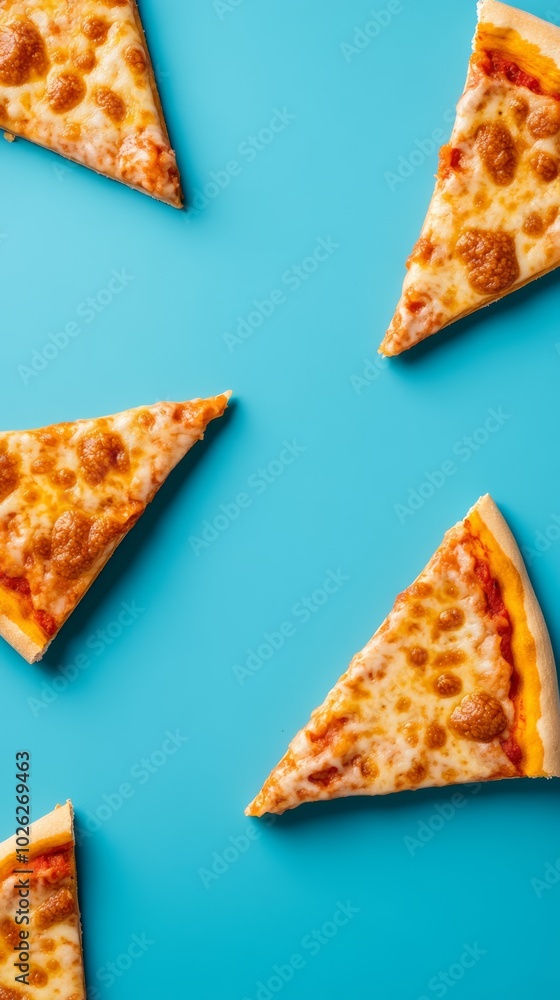 Pizza slices arranged on a blue background, vibrant and appetizing. Pizza slices arranged on a blue background, vibrant and appetizing.