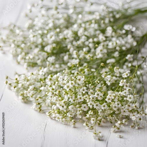 delicate sprigs of gypsophila lying on the table on a light background