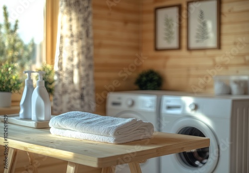 Bright laundry room with washing machine, towels, and wooden accents during d...