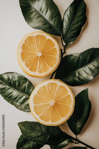 Fresh lemons with green leaves arranged on a speckled surface in natural ligh...