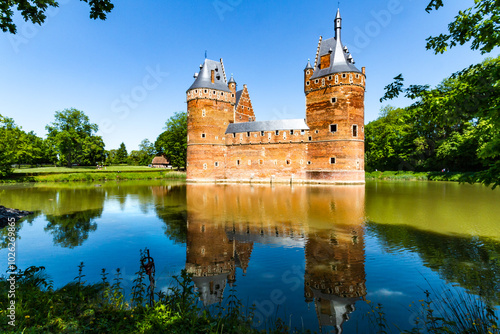 Beersel Castle. The walls and towers of the medieval castle reflected in the moat on a beautiful sunny day.  Beersel castle, Flanders, Belgium photo