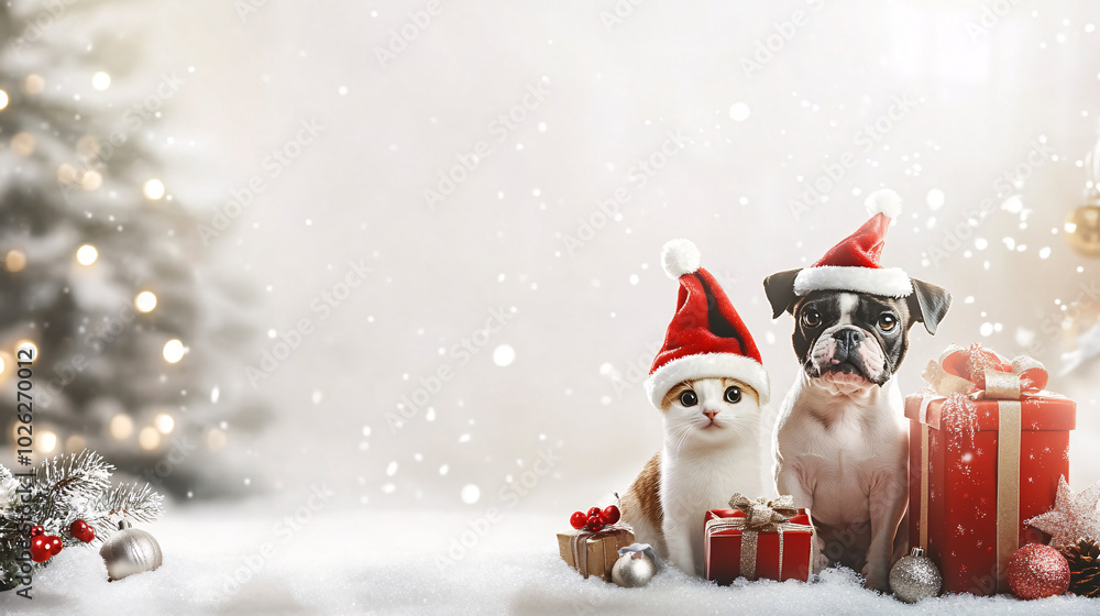 charming holiday scene featuring pets in festive attire, including cat and dog wearing Santa hats, surrounded by Christmas decorations and gifts. atmosphere is joyful and warm, perfect for festive charming holiday scene featuring pets in festive attire, including cat and dog wearing Santa hats, surrounded by Christmas decorations and gifts. atmosphere is joyful and warm, perfect for festive