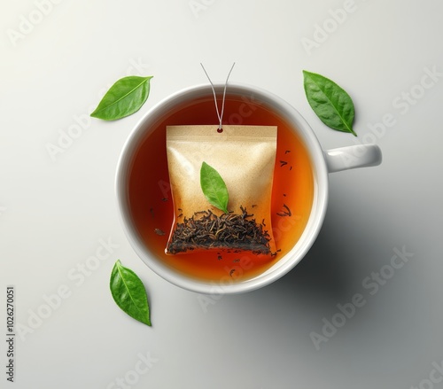 A steaming cup of herbal tea with a bag steeping, surrounded by fresh green l...
